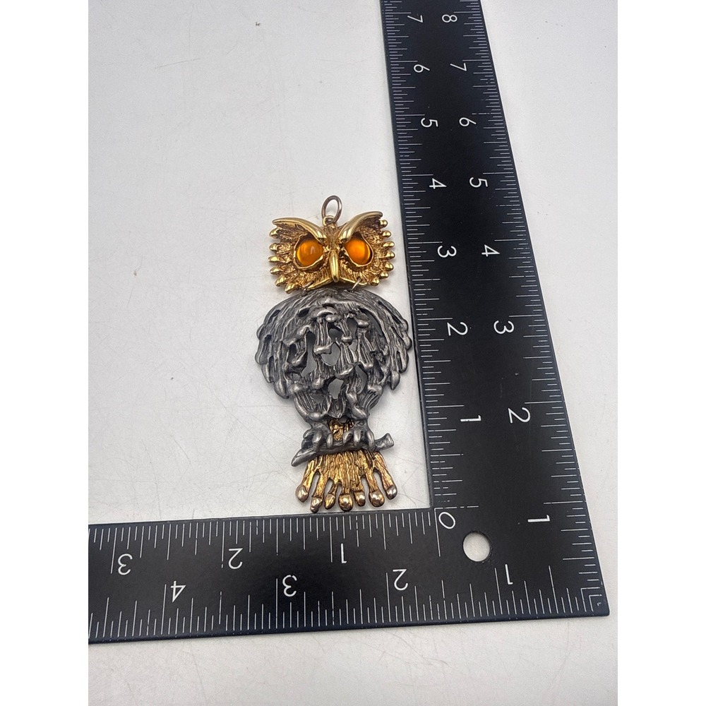 Vintage Mixed Metal Owl Pendant Amber Cabochon Eyes Articulated Statement Charm - Picture 2 of 3